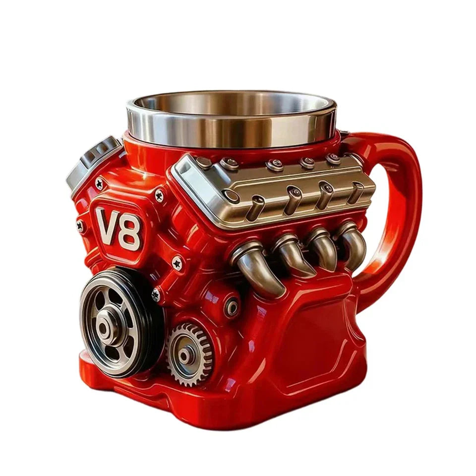 Retro V8 Engine Coffee Mug, Ceramic Cup with Stainless Steel Interior, Automotive Gift Mug for Car Lovers, Mechanics & Racing Fans