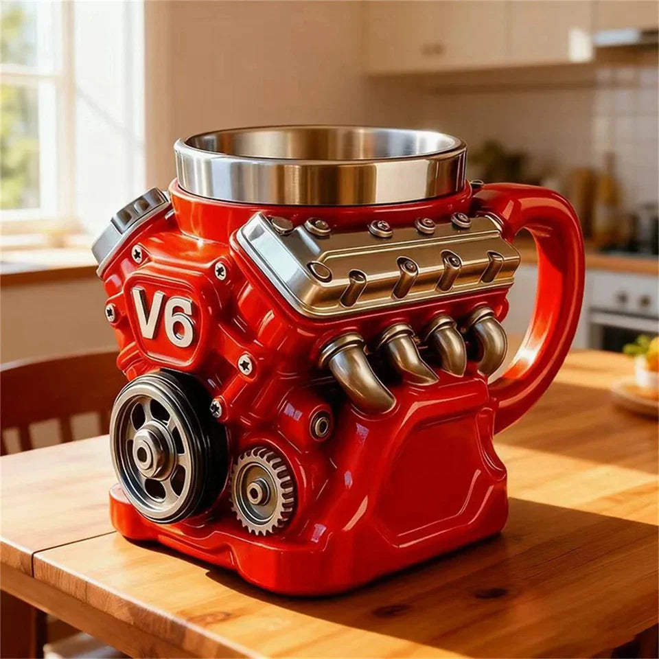 Retro V8 Engine Coffee Mug, Ceramic Cup with Stainless Steel Interior, Automotive Gift Mug for Car Lovers, Mechanics & Racing Fans